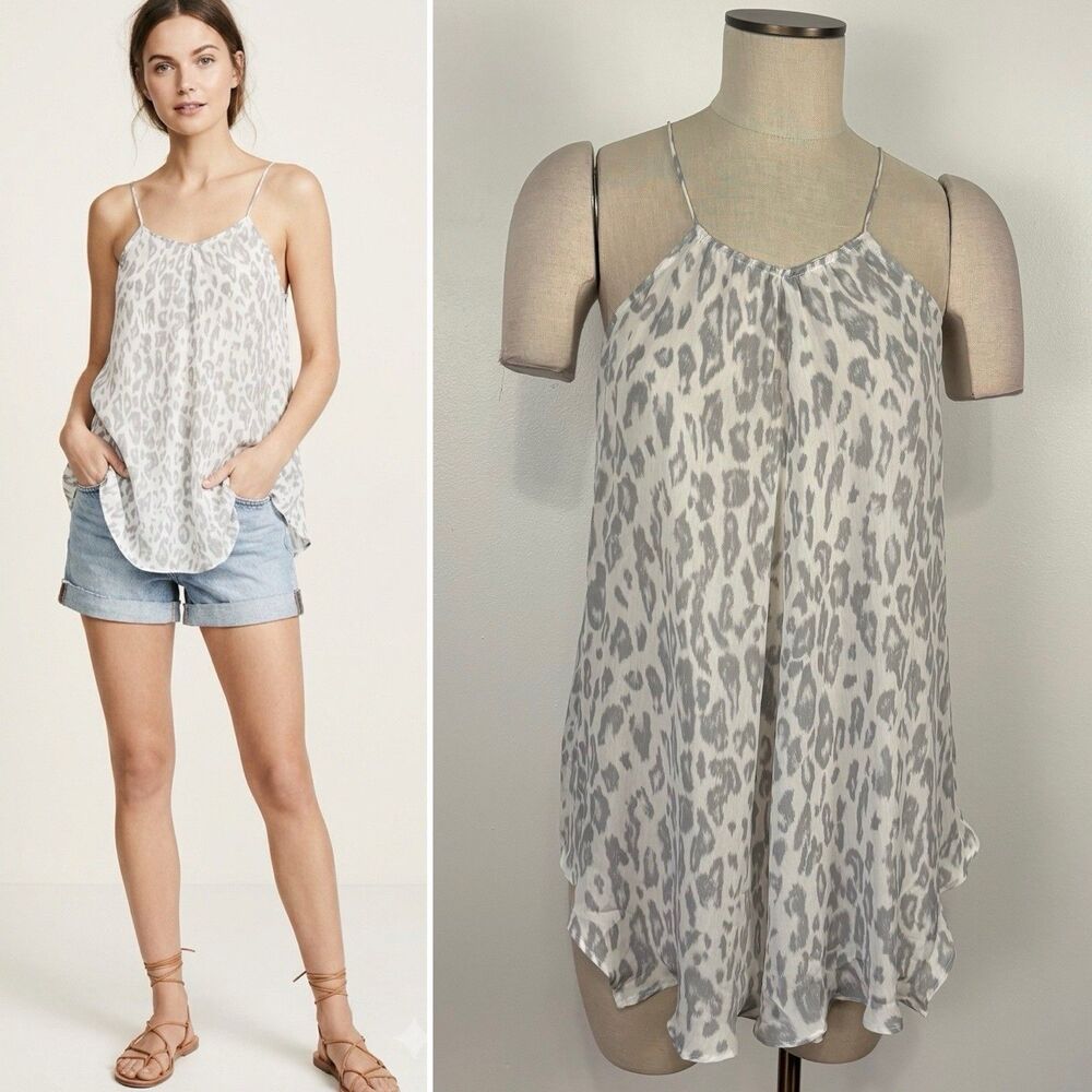 ACROBAT 100% Silk Cami Tank Top S Small Gray White Animal Leopard Print Blouse